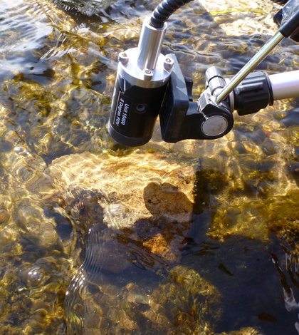 Top image: This optical attachment connected the spectroradiometer to a submersible fibre optic cable allowed for measurements above and below water (Credit: Carl Legleiter)