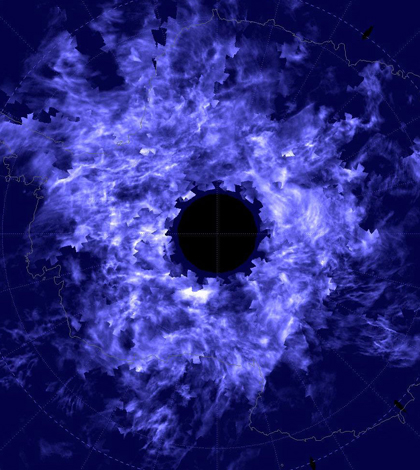 Composite image of the noctilucent cloud cover above the Southern Pole. (Credit: NASA/HU/VT/CU LASP)