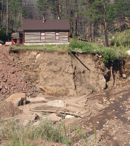 Damage from excess erosion following the 2002 Hayman Fire near Denver, Colorado. (Credit: Mary Miller, Michigan Tech Research Institute)