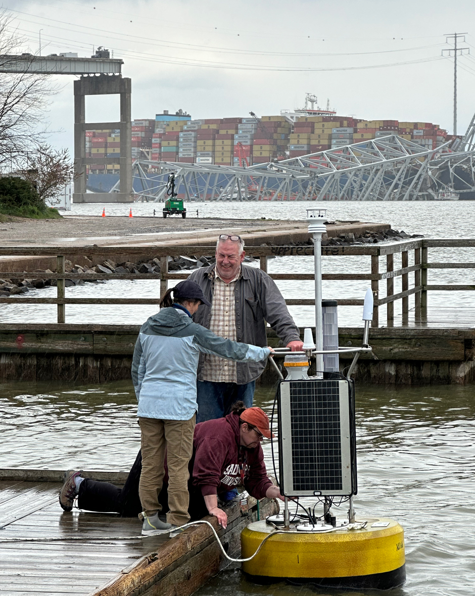 Field crews prepare NOAA’s CURBY for temporary deployment near the collapsed Francis Scott Key Bridge on April 4, 2024. Pictured clockwise from top: Eddie Roggenstein, Shaena Rausch, and Katie Kirk.