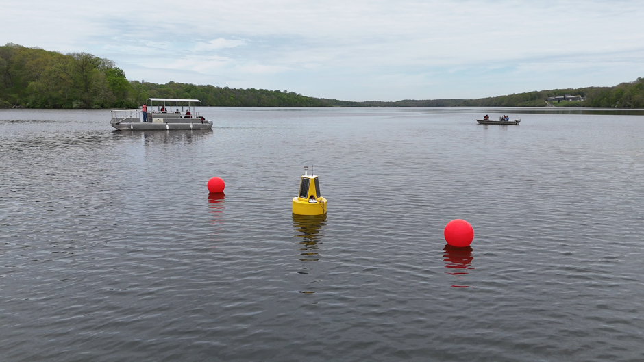 The NexSens XB-200 data buoy deployed in Acton Lake.