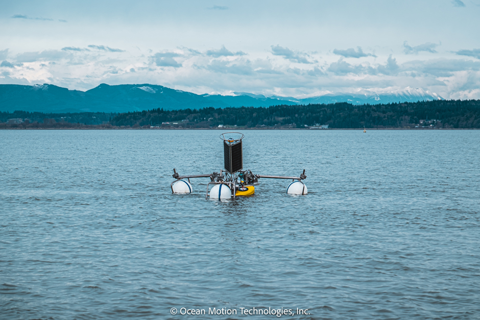 Ocean Motion's wave-powered NexSens CB-1250 data buoy in Puget Sound, Washington (03/2025).