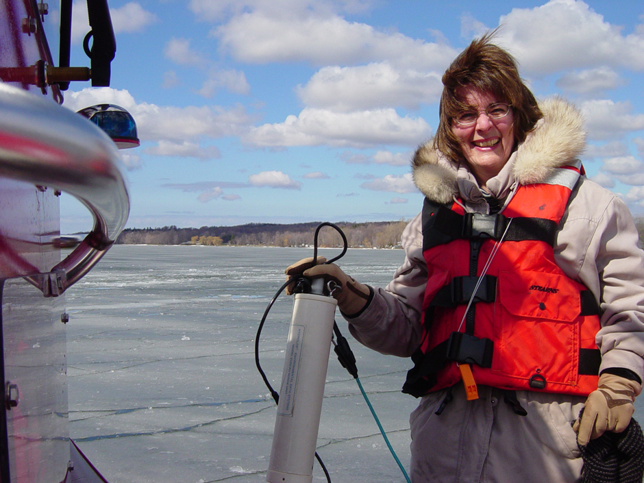 Jane Conroe on board gathering sonde data along with one mid-winter CSLAP sample.