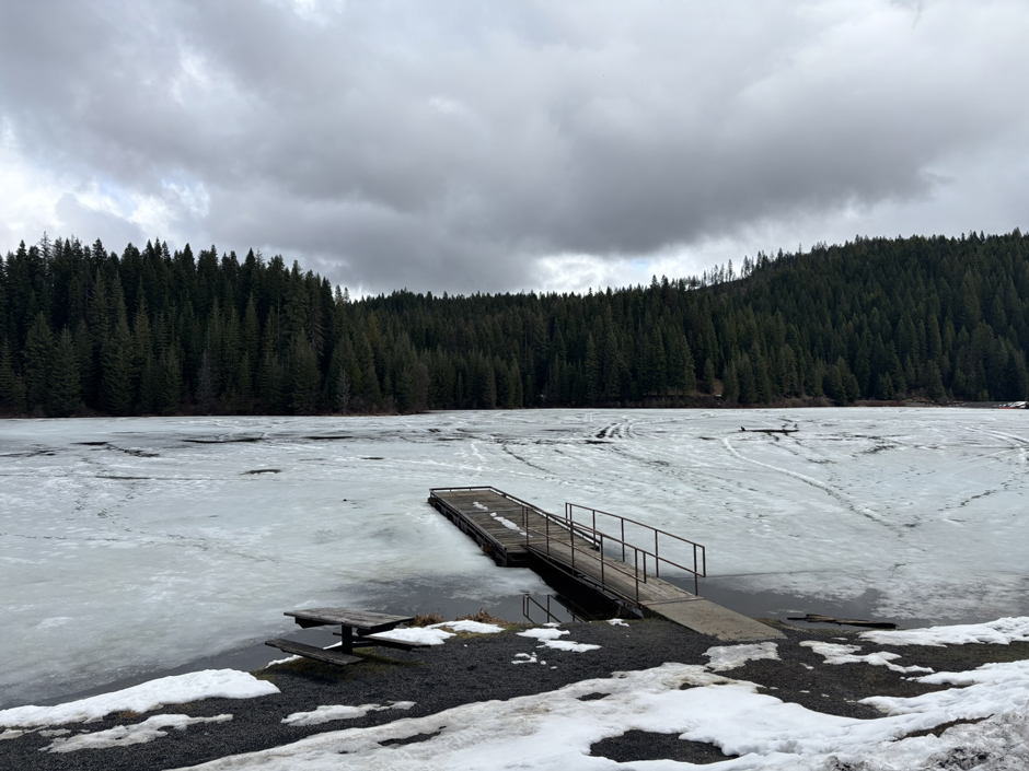 Elk Creek Reservoir still partially frozen. This is a popular waterbody at the township of Elk River, part of the Elk Creek watershed that flows into Dworshak Reservoir.