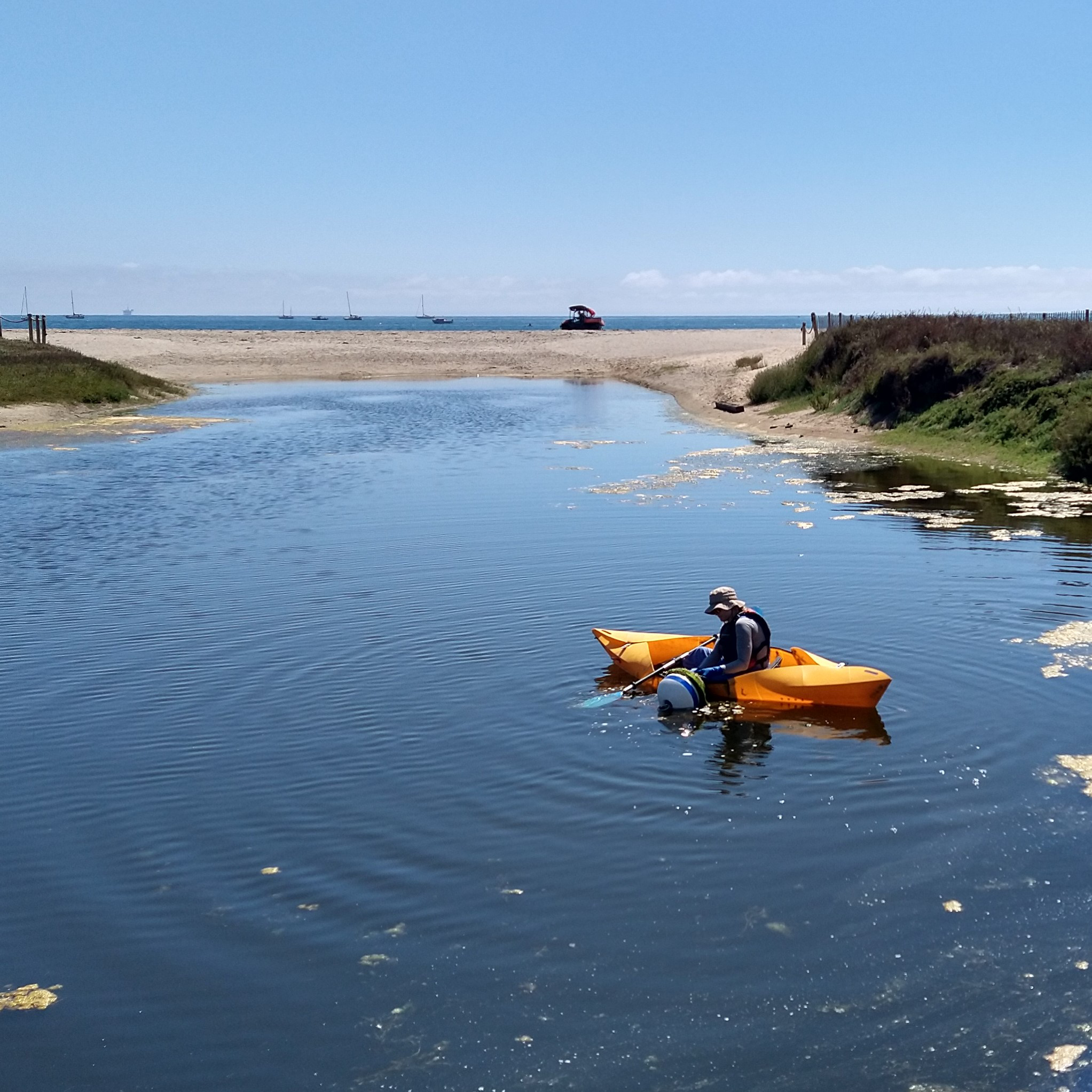 Shepherd checks a water quality monitoring device at the Lagoon of the Andrée Clark Bird Refuge at East Beach, which once connected to Sycamore Creek.