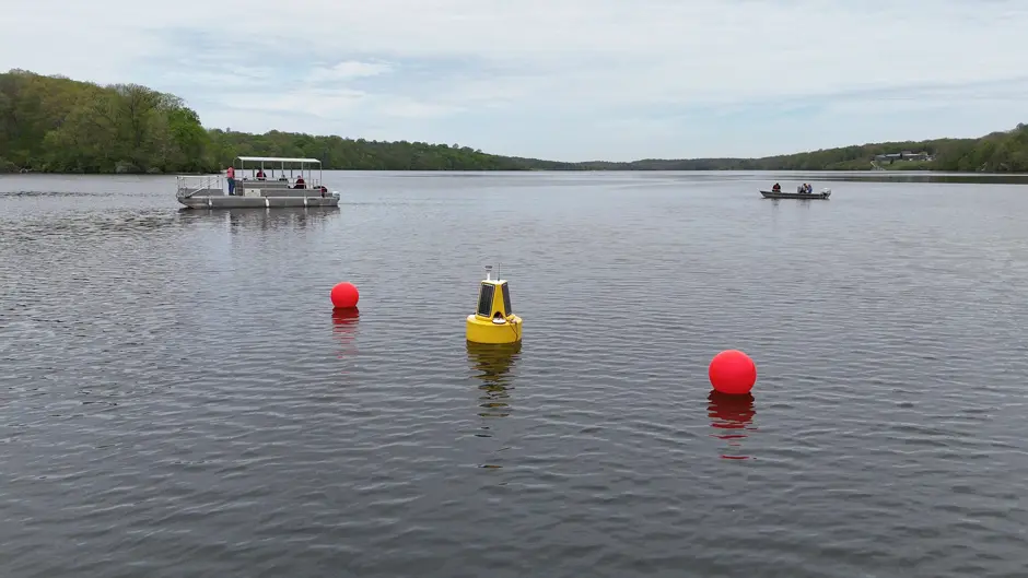 The NexSens XB-200 data buoy deployed in Acton Lake.