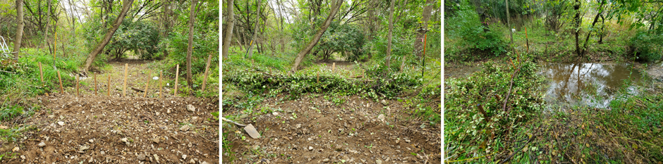 During and immediately after install. A low “ramp” of substrate at the base of the stakes is designed to prevent erosion around the base of the stakes.
