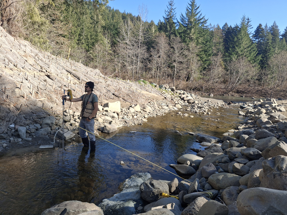 Performance monitoring in low-flow conditions is a requirement for monitoring. PWA Hydrologists use discharge measurements and biological monitoring to inform agencies. (Credit: PWA)