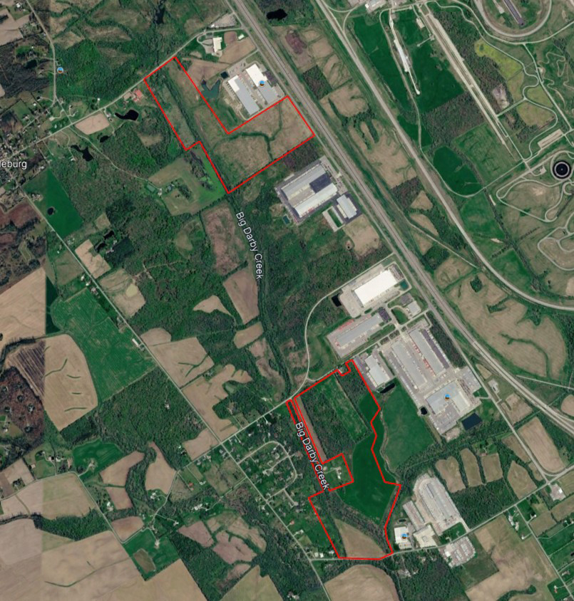 Pre-restoration aerial of the Big Darby Project areas outlined in red.