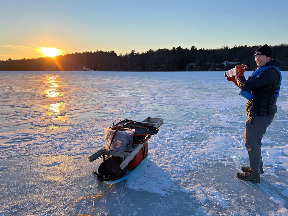 Dr. Max Glines, a former graduate student at RPI, using the headspace technique to measure dissolved greenhouse gases in lake water in Lake Giles.